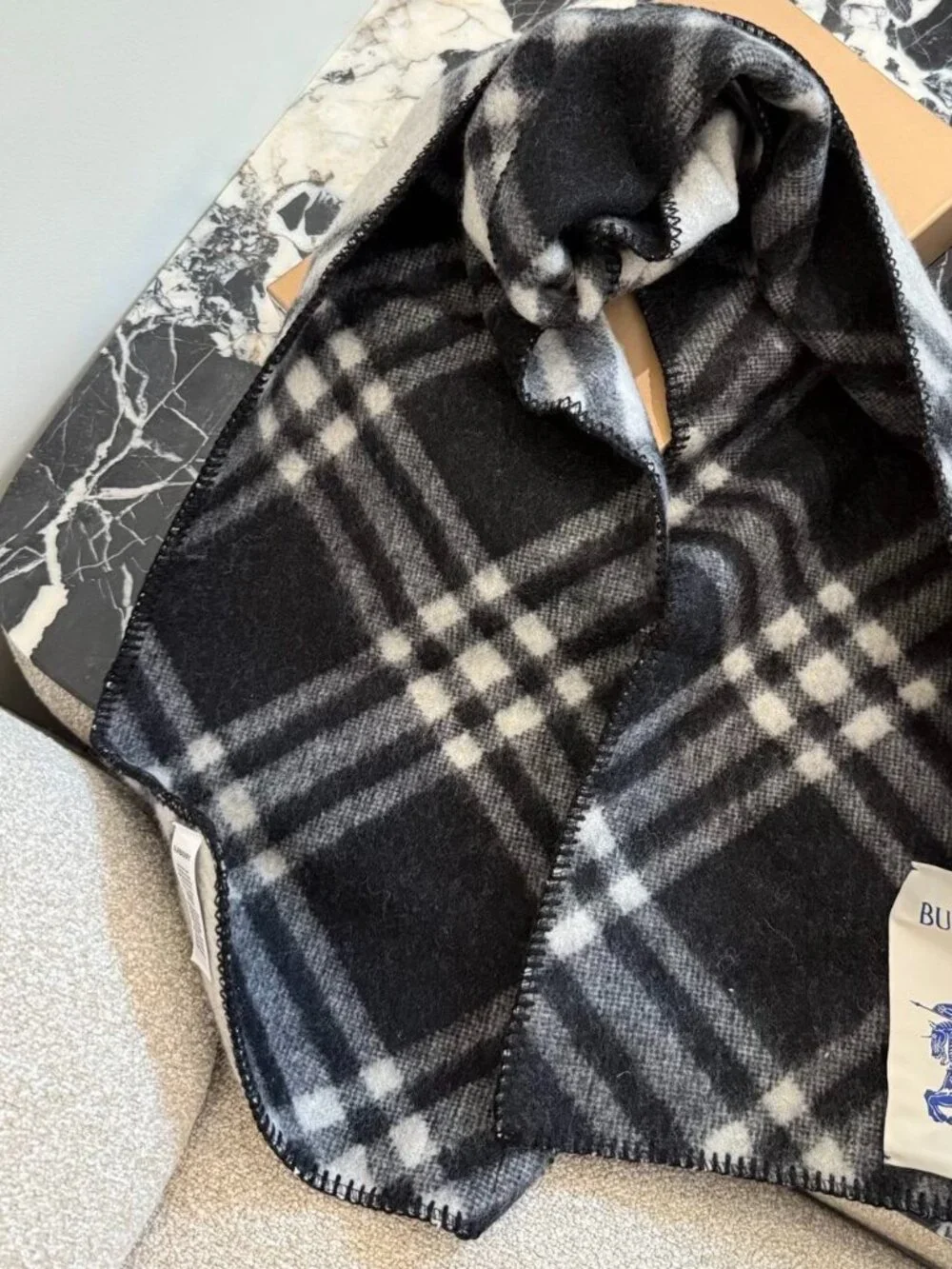 Burberry Black Check Wool Scarf Classic Nova Check Unisex Soft | MSRP $645 - Picture 4 of 14